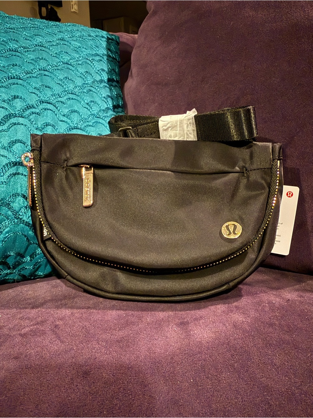 lululemon all night festival bag Black Crossbody Belt Bag with Gold Accents